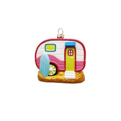 Colourful miniature trailer ornament with a surfboard on a white background by Coast to Coast