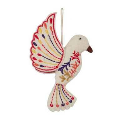 Decorative dove ornament with colorful patterns on a white background
