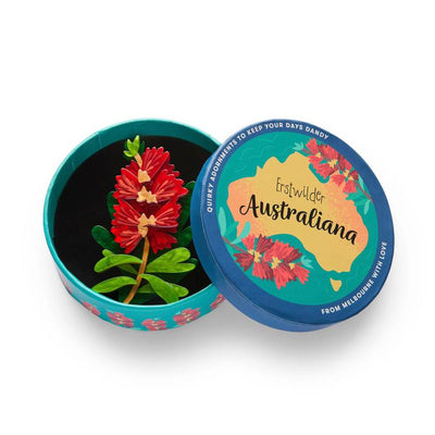 In gift box - Crimson bottlebrush resin brooch by Erstwilder from their 2025 Australiana collection. Stocked at Zebra Finch Style in Newcastle, NSW