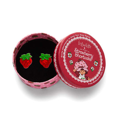 Darling Strawberry Stud Earrings in gift box made of resin, from Erstwilder's 2024 Strawberry Shortcake collection