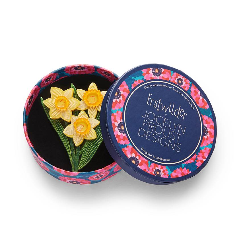 In box - Delightful Daffodils Brooch by Erstwilder from their 2025 Jocelyn Proust collection