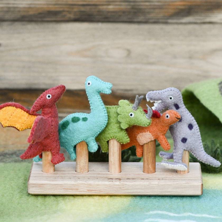 Dinosaur Finger Puppet Sets - Made from 100% NZ Fair Trade Wool. Made ethically in Nepal by brand Tara Treasures