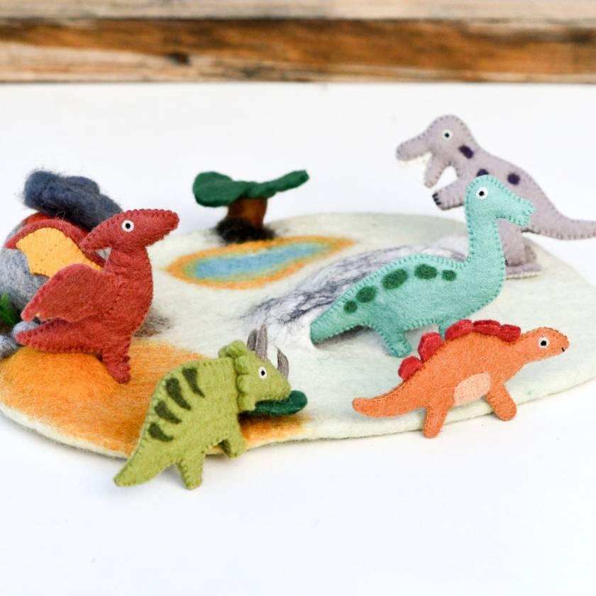 Dinosaur Finger Puppet Sets - Made from 100% NZ Fair Trade Wool. Made ethically in Nepal by brand Tara Treasures