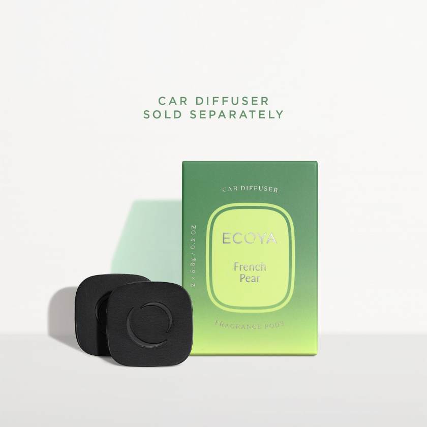 Black car diffuser pad and green packaging with 'ECOTA' branding on a white background.