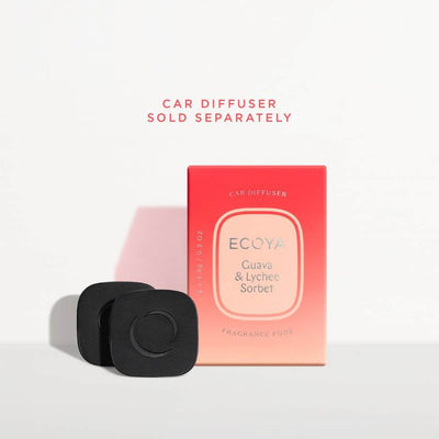 Ecoya Guava & Lychee Sorbet fragrance pod with packaging on a white background