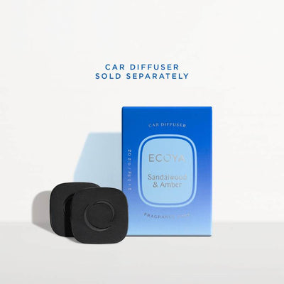 Black car diffuser and blue packaging with 'Ecoya' branding on a white background.