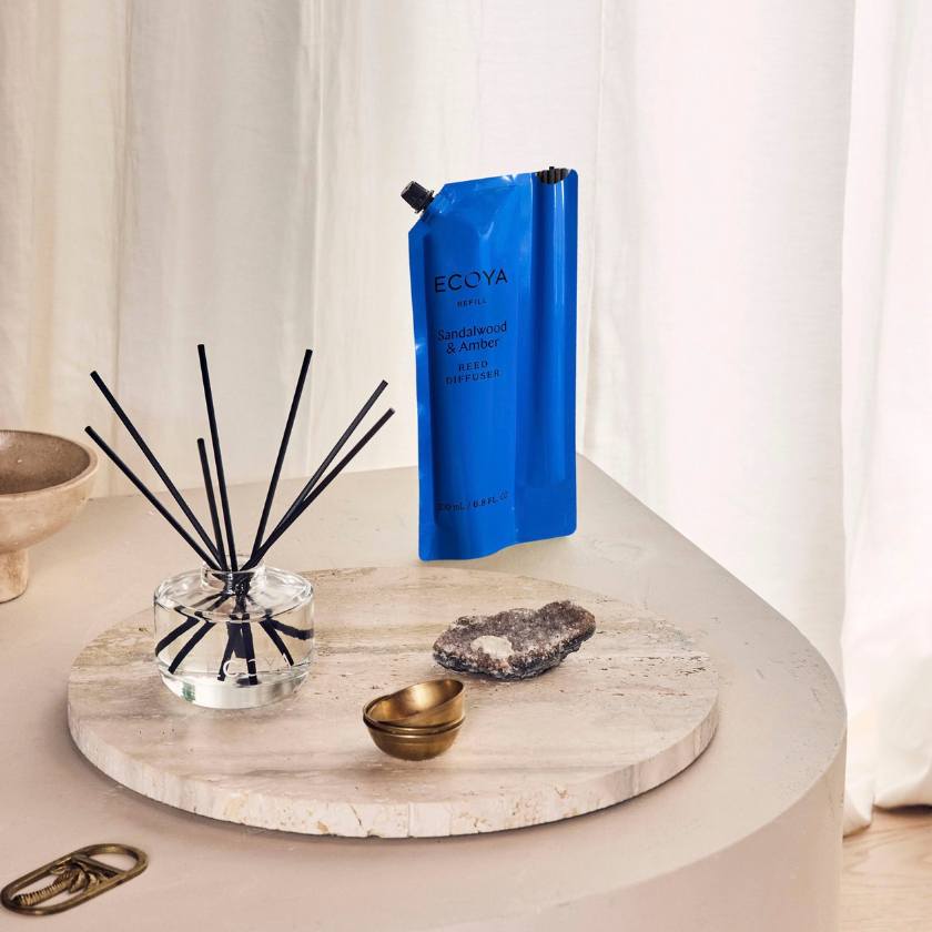 Ecoya diffuser on a marble tray with decorative items. Ecoya stockist at Zebra Finch in Newcastle, NSW