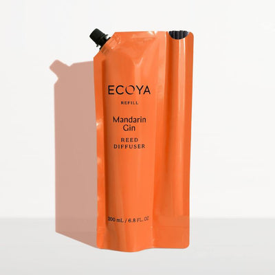 Orange refill pouch for ECOYA Mandarin Gin Reed Diffuser on a white background. Ecoya Stockist in Newcastle, NSW at Zebra Finch
