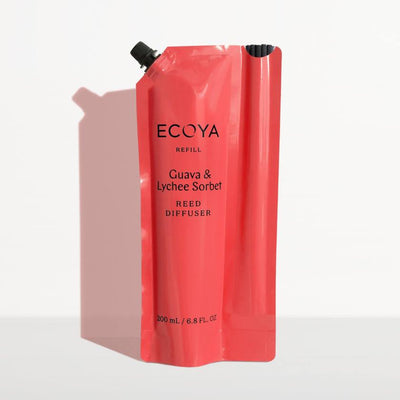 Red refill pouch for ECOYA Guava & Lychee Sorbet Reed Diffuser on a light gray background. Ecoya Stockist at Zebra Finch in Newcastle, NSW