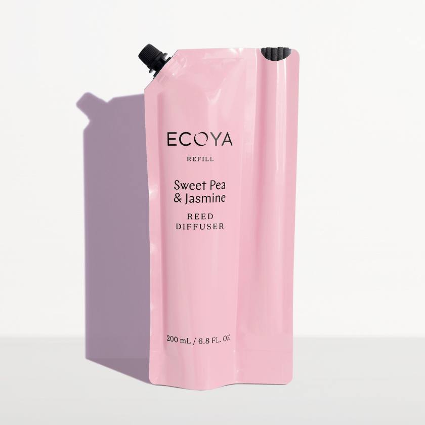 Pink refill pouch for ECOYA Sweet Pea & Jasmine Reed Diffuser on a light gray background. Ecoya Stockist at Zebra Finch in Newcastle, NSW