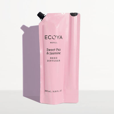 Pink refill pouch for ECOYA Sweet Pea & Jasmine Reed Diffuser on a light gray background. Ecoya Stockist at Zebra Finch in Newcastle, NSW