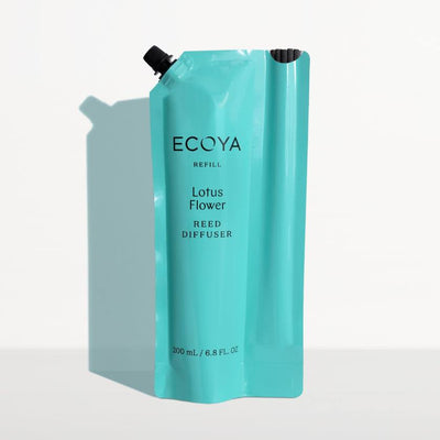 Turquoise refill pouch for ECOYA Lotus Flower Reed Diffuser on a light gray background. Ecoya Stockist at Zebra Finch in Newcastle, NSW