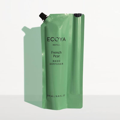Green refill pouch for ECOYA French Pear Reed Diffuser on a white background. Ecoya Stockist at Zebra Finch in Newcastle, NSW