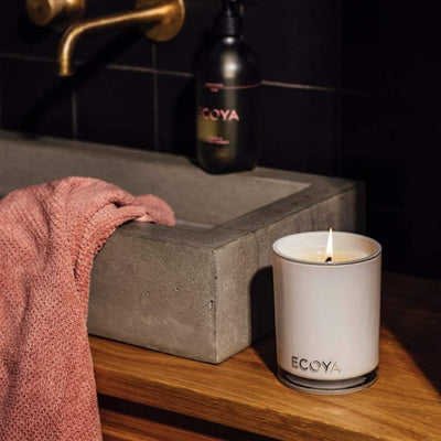 Ecoya Guava Lychee Madison Candle | Ecoya Stockist in Newcastle, NSW on bathroom shelf