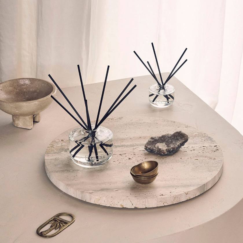 Ecoya diffuser with black sticks and pink packaging on a white background. Ecoya stockist at Zebra Finch in Newcastle, NSW