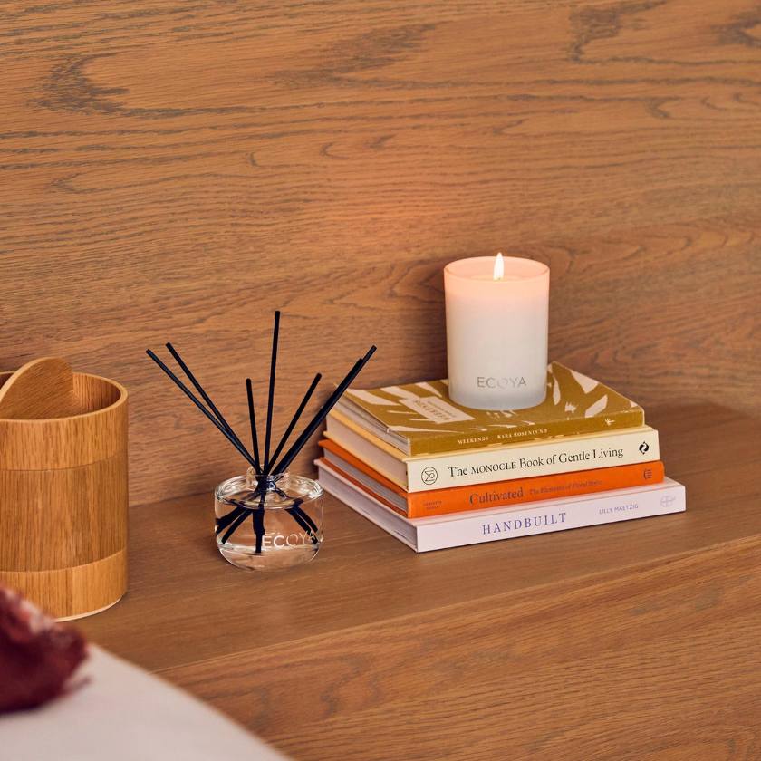 Ecoya sandalwood and amber diffuser with packaging on a white background. Ecoya stockist at Zebra Finch in Newcastle, NSW