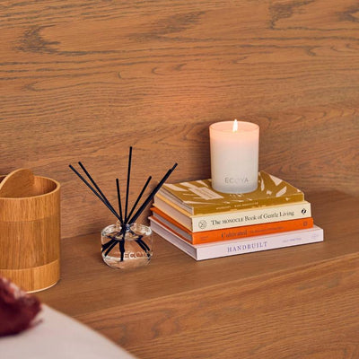 Ecoya sandalwood and amber diffuser with packaging on a white background. Ecoya stockist at Zebra Finch in Newcastle, NSW