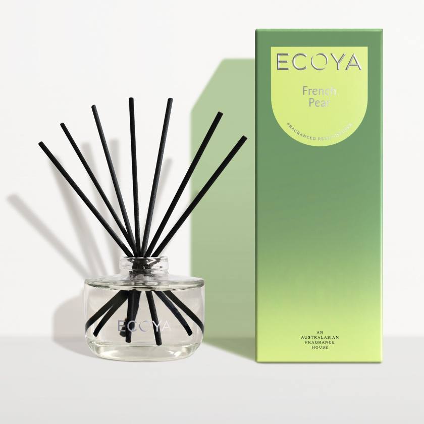 Ecoya diffuser with black reeds and a gradient packaging box on a white background. Eocya Stockist at Zebra Finch in Newcastle, NSW