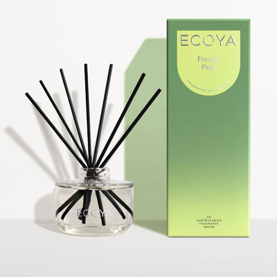 Ecoya diffuser with black reeds and a gradient packaging box on a white background. Eocya Stockist at Zebra Finch in Newcastle, NSW