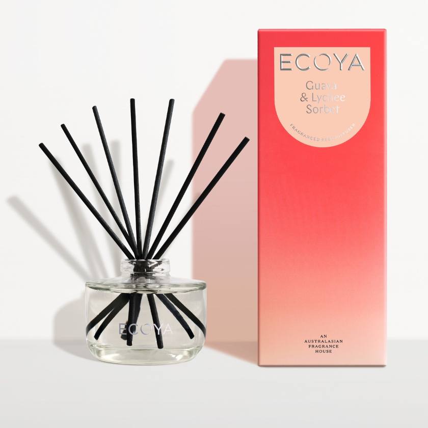 ECOYA diffuser with black reeds and a pink packaging box on a white background. Ecoya Stockist at Zebra Finch in Newcastle, NSW