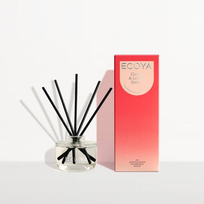 Ecoya diffuser with black sticks and pink packaging on a white background. Ecoya stockist at Zebra Finch in Newcastle, NSW