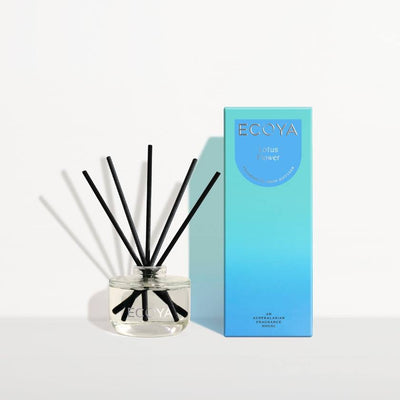 Ecoya diffuser with black sticks and blue packaging on a white background. Ecoya stockist at Zebra Finch in Newcastle, NSW
