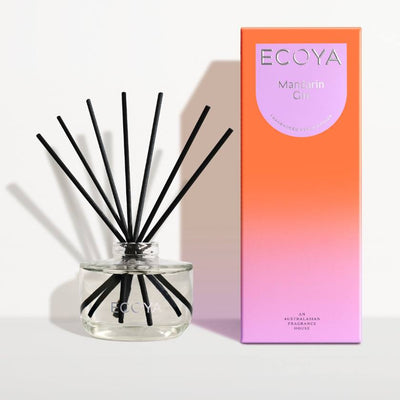 Ecoya diffuser with black reeds and a gradient packaging box on a white background. Eocya Stockist at Zebra Finch in Newcastle, NSW