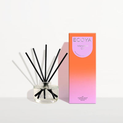 Ecoya diffuser with black reeds and a gradient packaging box on a white background. Eocya Stockist at Zebra Finch in Newcastle, NSW