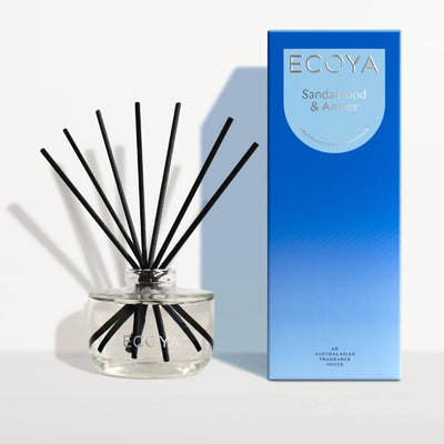 Ecoya sandalwood and amber diffuser with packaging on a white background. Ecoya stockist at Zebra Finch in Newcastle, NSW