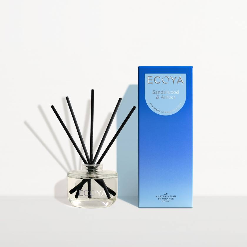 Ecoya diffuser with black sticks and blue packaging on a white background. Ecoya Stockist at Zebra Finch in Newcastle, NSW