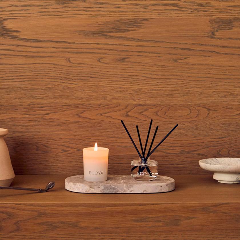 Ecoya diffuser with black sticks and pink packaging on a white background. Ecoya stockist at Zebra Finch in Newcastle, NSW