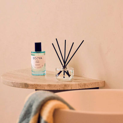 Ecoya diffuser with black sticks and pink packaging on a white background. Ecoya stockist at Zebra Finch in Newcastle, NSW
