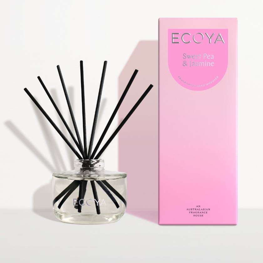 Ecoya diffuser with black sticks and pink packaging on a white background. Ecoya stockist at Zebra Finch in Newcastle, NSW