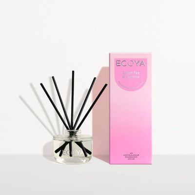 Ecoya diffuser with black sticks and pink packaging on a white background. Ecoya stockist at Zebra Finch in Newcastle, NSW