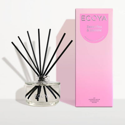 Ecoya diffuser with black sticks and pink packaging on a white background. Ecoya stockist at Zebra Finch in Newcastle, NSW