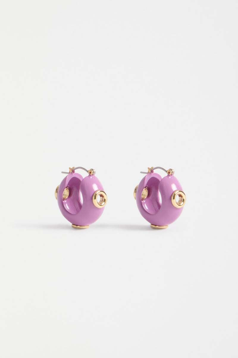 Pair of lilac hoop earrings with gold accents on a white background. ELK's Lilac Jans studs. ELK Stockist in Newcastle, NSW at Zebra Finch