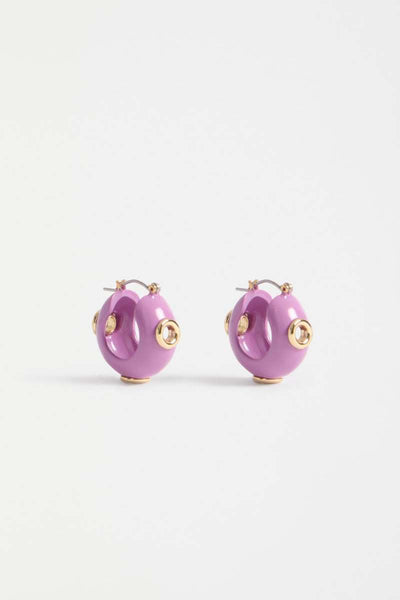 Pair of lilac hoop earrings with gold accents on a white background. ELK's Lilac Jans studs. ELK Stockist in Newcastle, NSW at Zebra Finch