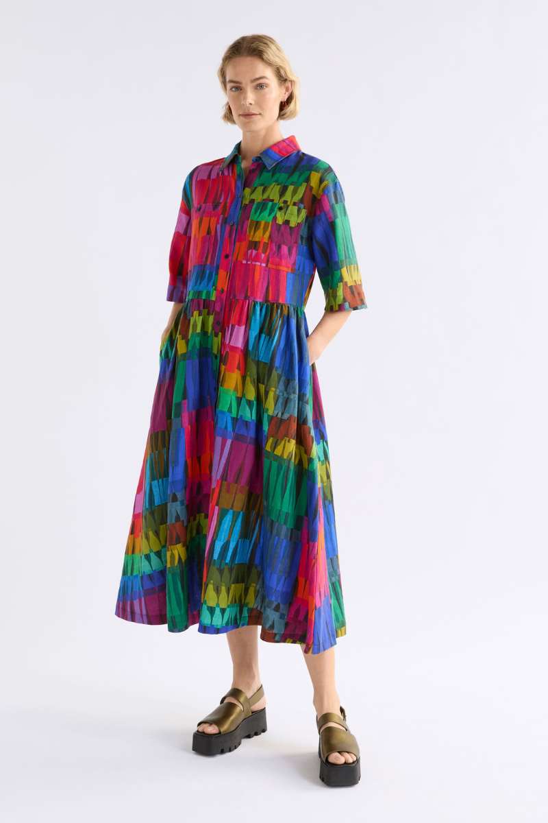 Colourful patterned dress on a white background - Llinen Light Dress in lind dark print by Elk the Label