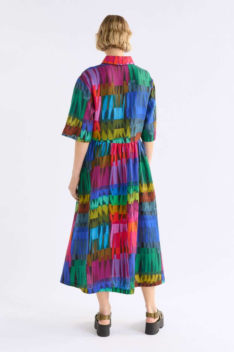 Colourful patterned dress on a white background - Llinen Light Dress in lind dark print by Elk the Label