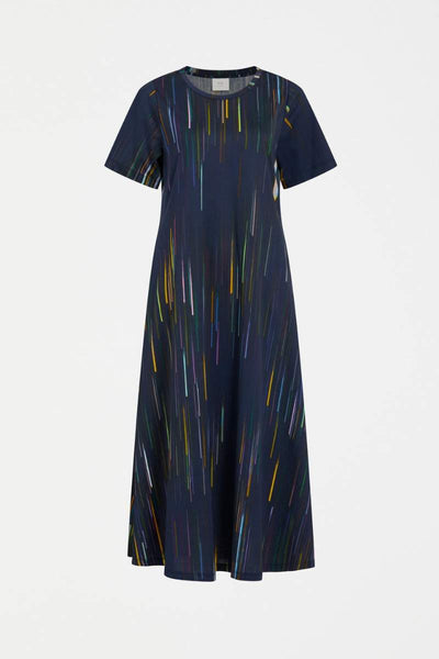 Navy dress with colourful vertical stripes on a white background