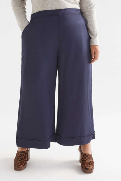 Navy wide-leg pants worn by a person on a white background -  Elk's Moonlight wide leg culottes
