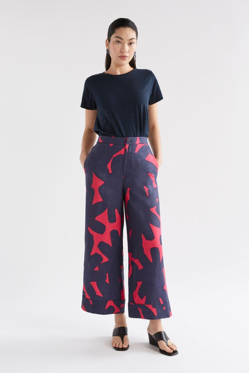 Elk the Label Pira Pants in linen navy haki print 