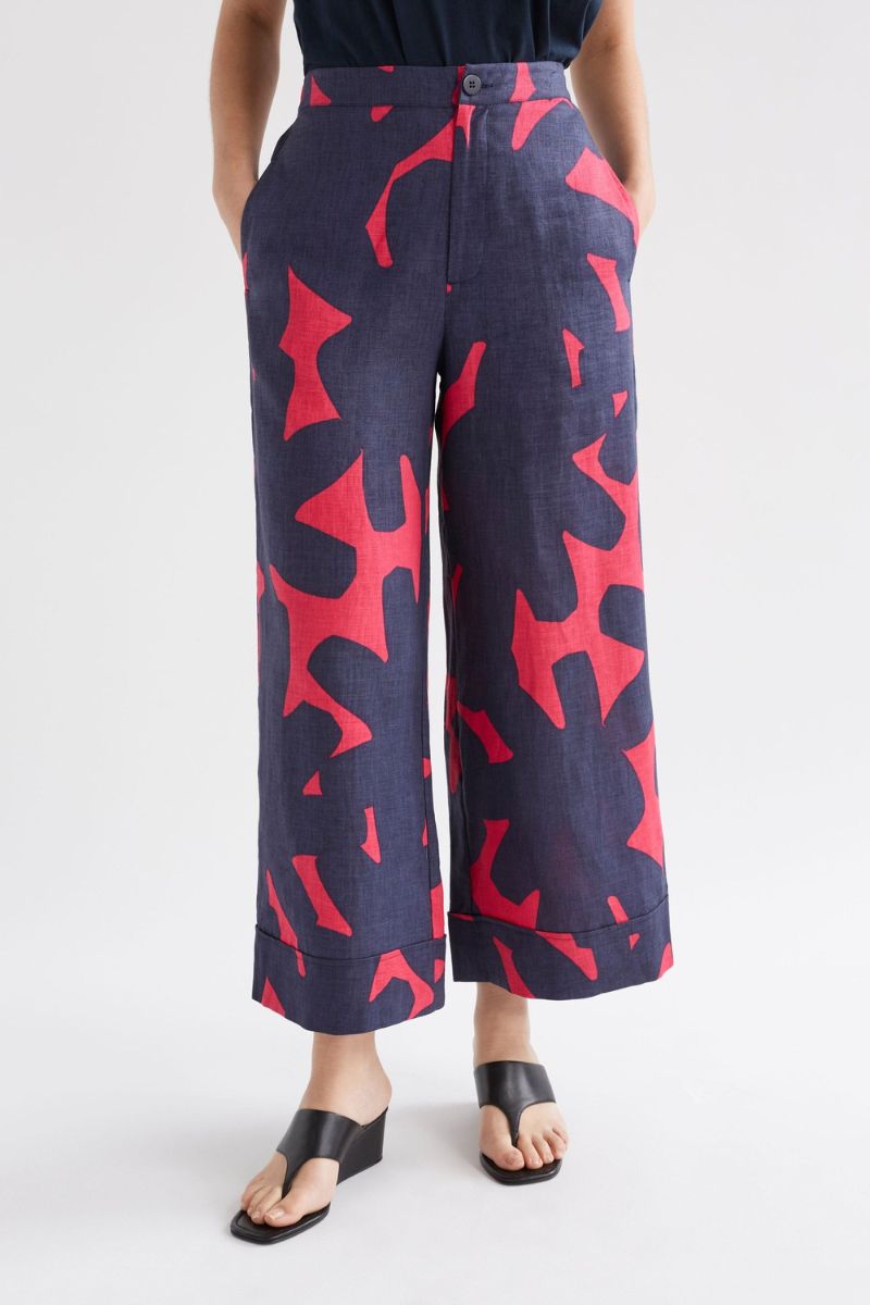 Elk the Label Pira Pants in linen navy haki print 