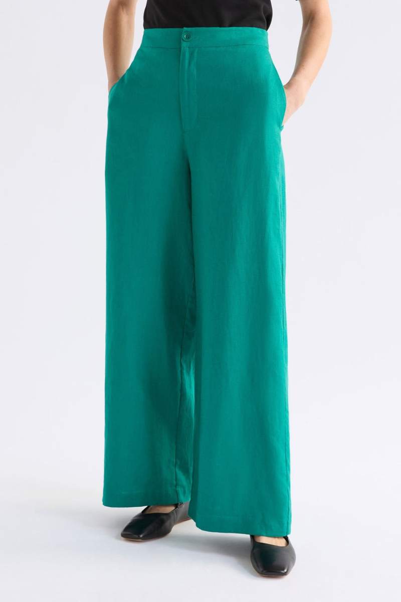 Teal wide-leg pants worn by a person on a white background