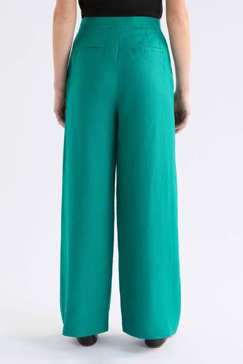 Teal wide-leg pants worn by a person on a white background