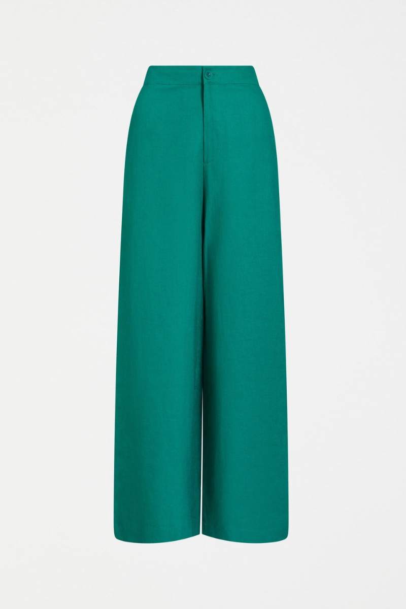 Teal wide-leg pants on a light gray background