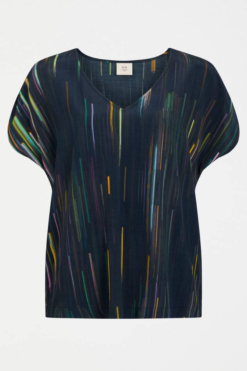 Black top with colorful abstract pattern on a white background