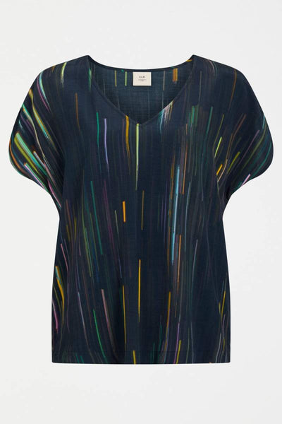 Black top with colorful abstract pattern on a white background