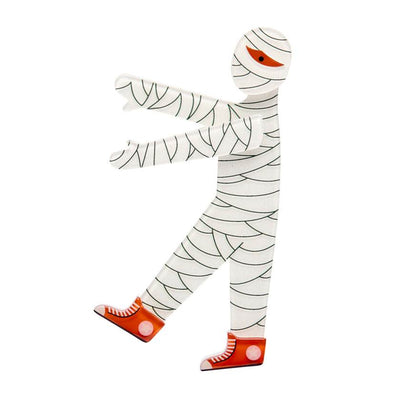 Mummy costume with bandages and red shoes on a white background - I Want My Mummy Brooch by Erstwilder from their 2025 Haunted At Heart Collection | Erstwilder Stockist at Zebra Finch in Newcastle, NSW