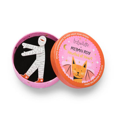 Mummy costume with bandages and red shoes on a white background - I Want My Mummy Brooch by Erstwilder from their 2025 Haunted At Heart Collection | Erstwilder Stockist at Zebra Finch in Newcastle, NSW